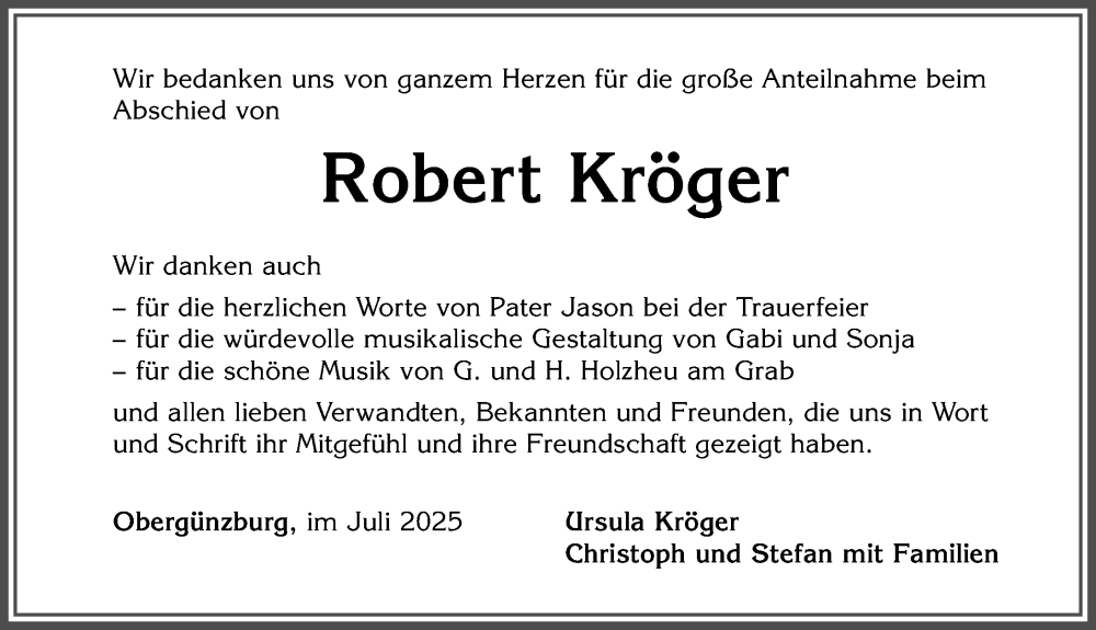  Traueranzeige für Robert Kröger vom 24.07.2025 aus Allgäuer Zeitung, Marktoberdorf