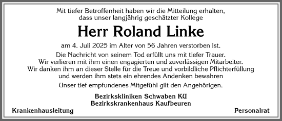 Traueranzeige von Roland Linke von Allgäuer Zeitung,Kempten