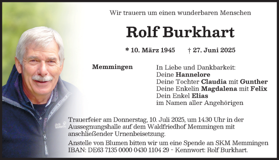 Traueranzeige von Rolf Burkhart von Memminger Zeitung
