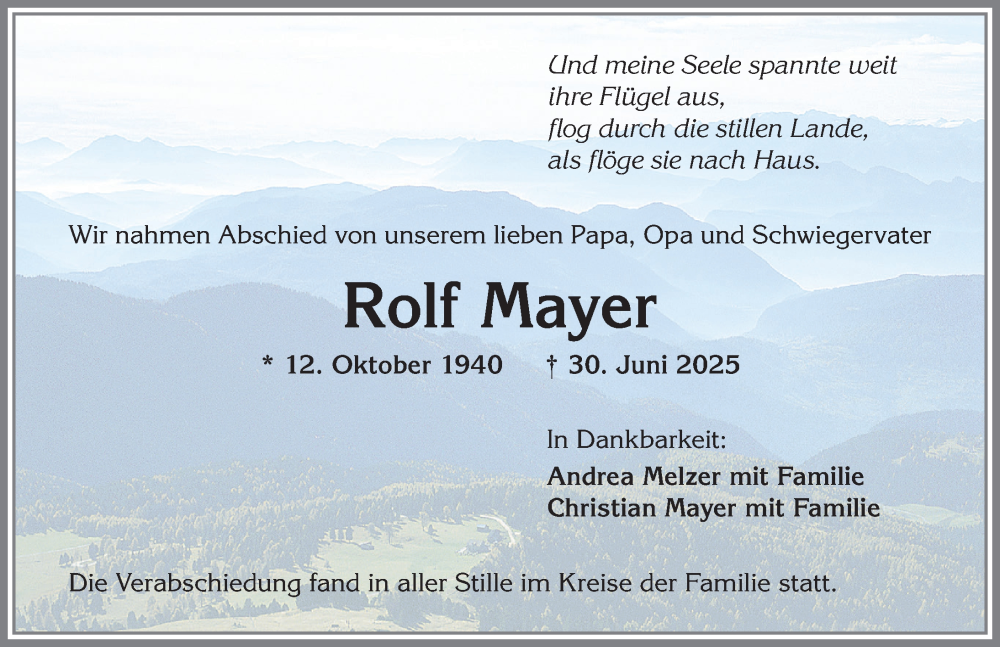  Traueranzeige für Rolf Mayer vom 26.07.2025 aus Allgäuer Zeitung,Kempten