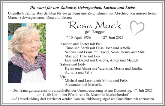 Traueranzeige von Rosa Mack von Allgäuer Zeitung, Marktoberdorf
