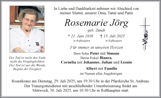 Traueranzeige von Rosemarie Jörg von Allgäuer Zeitung, Füssen