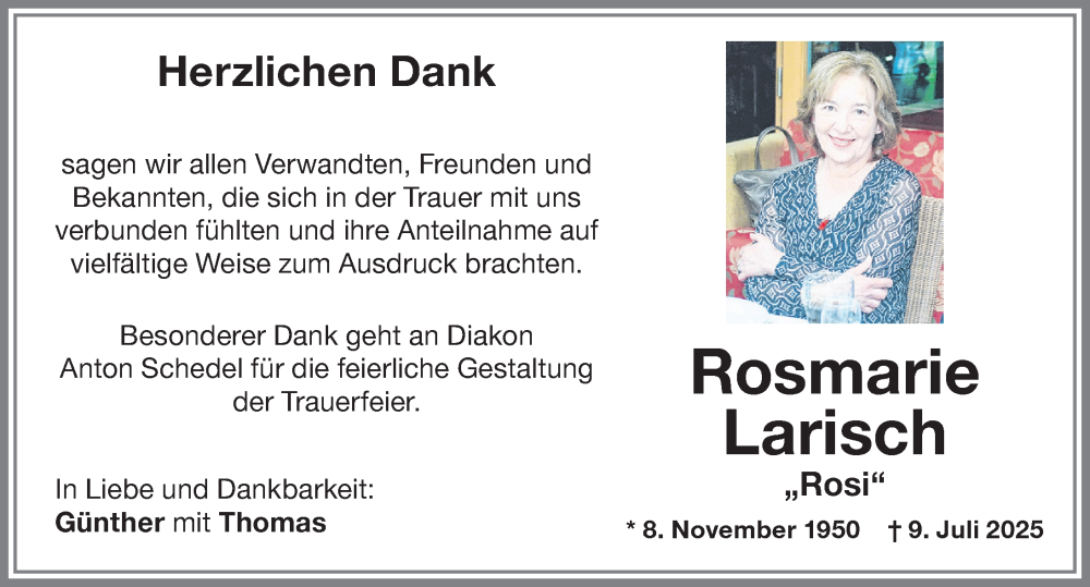  Traueranzeige für Rosmarie Larisch vom 23.07.2025 aus Memminger Zeitung