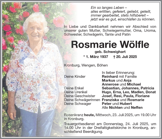 Traueranzeige von Rosmarie Wölfle von Memminger Zeitung