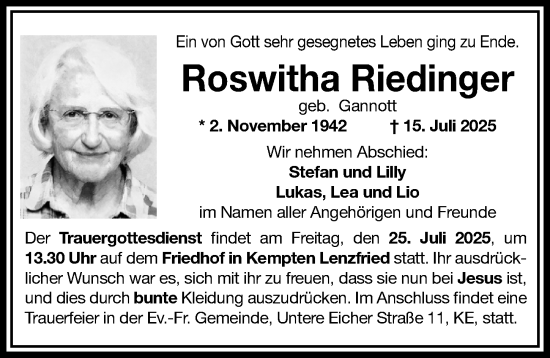 Traueranzeige von Roswitha Riedinger von Allgäuer Zeitung,Kempten