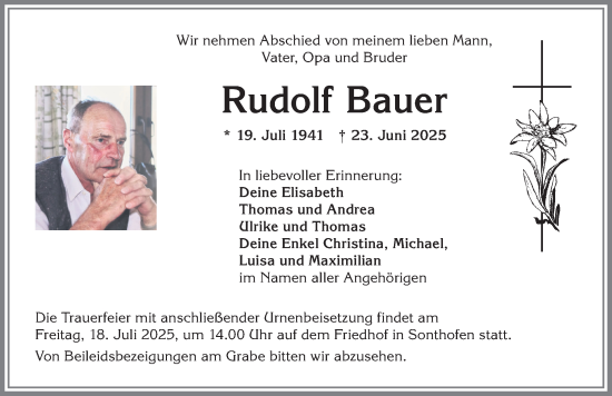 Traueranzeige von Rudolf Bauer von Allgäuer Anzeigeblatt