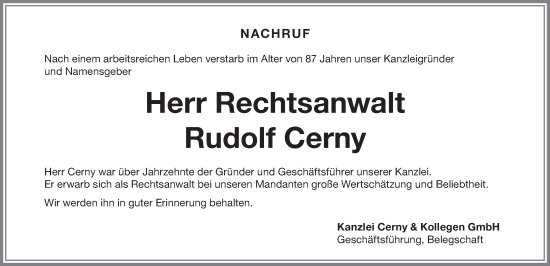 Traueranzeige von Rudolf Cerny von Allgäuer Zeitung,Kempten