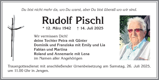 Traueranzeige von Rudolf Pischl von Allgäuer Zeitung, Kaufbeuren/Buchloe