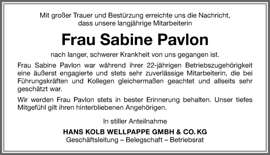 Traueranzeige von Sabine Pavlon von Memminger Zeitung