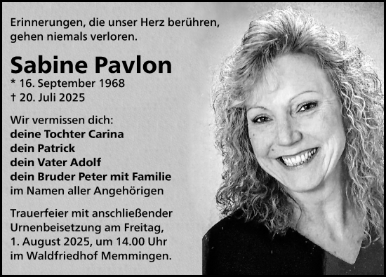 Traueranzeige von Sabine Pavlon von Memminger Zeitung