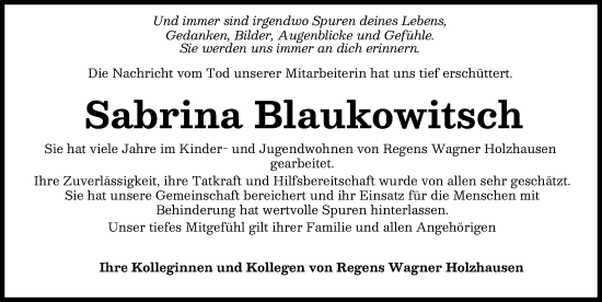 Traueranzeige von Sabrina Blaukowitsch von Landsberger Tagblatt, Augsburger Allgemeine
