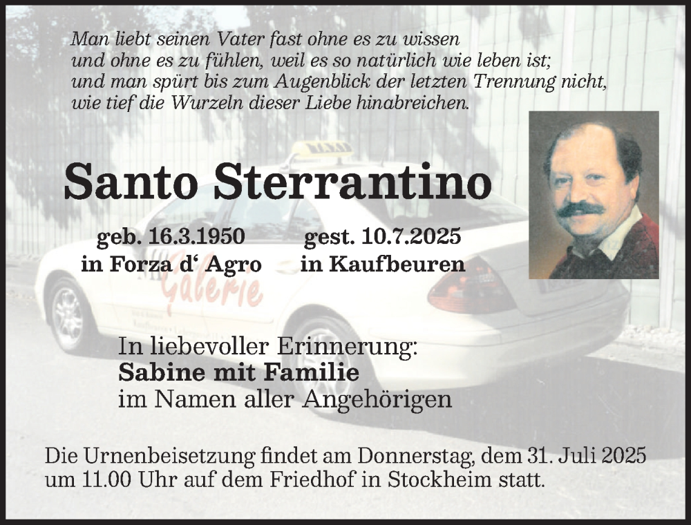  Traueranzeige für Santo Sterrantino vom 28.07.2025 aus Allgäuer Zeitung, Kaufbeuren/Buchloe