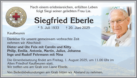 Traueranzeige von Siegfried Eberle von Allgäuer Zeitung, Kaufbeuren/Buchloe