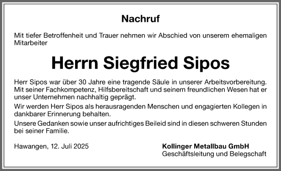 Traueranzeige von Siegfried Sipos von Memminger Zeitung