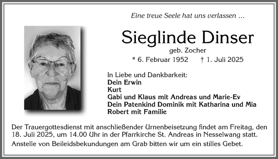 Traueranzeige von Sieglinde Dinser von Allgäuer Zeitung, Füssen