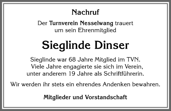 Traueranzeige von Sieglinde Dinser von Allgäuer Zeitung, Füssen