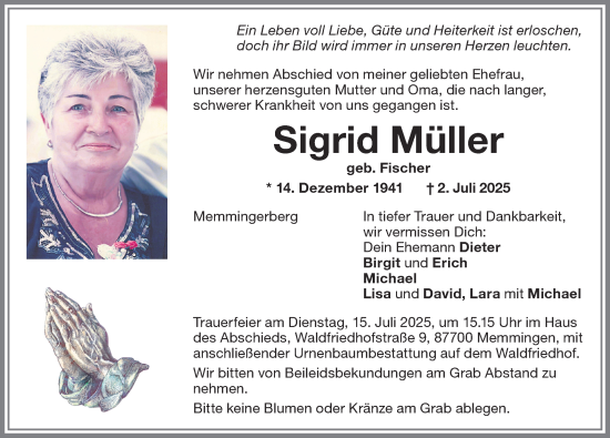 Traueranzeige von Sigrid Müller von Memminger Zeitung