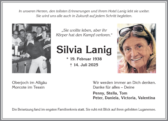 Traueranzeige von Silvia Lanig von Allgäuer Anzeigeblatt