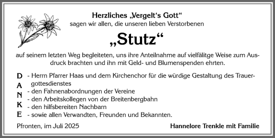 Traueranzeige von Stutz  von Allgäuer Zeitung, Füssen