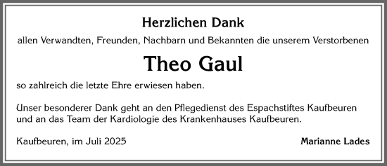 Traueranzeige von Theo Gaul von Allgäuer Zeitung, Kaufbeuren/Buchloe