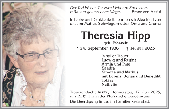 Traueranzeige von Theresia Hipp von Allgäuer Zeitung, Marktoberdorf