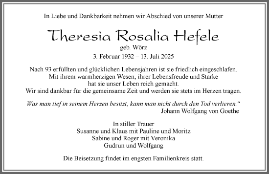Traueranzeige von Theresia Rosalia Hefele von Allgäuer Zeitung, Marktoberdorf
