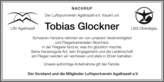 Traueranzeige von Tobias Glockner von Allgäuer Anzeigeblatt