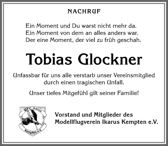 Traueranzeige von Tobias Glockner von Allgäuer Zeitung,Kempten
