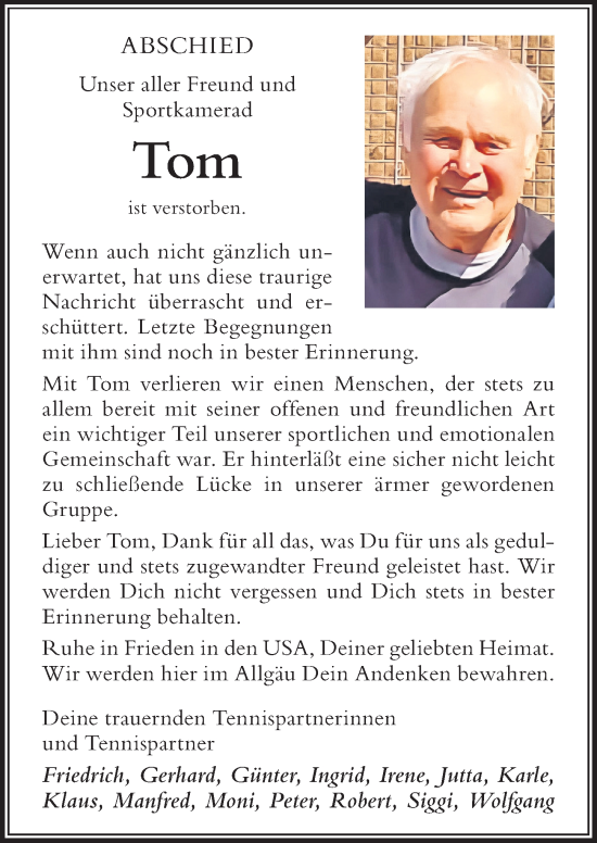 Traueranzeige von Tom  von Der Westallgäuer