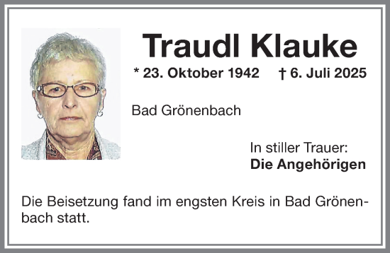 Traueranzeige von Traudl Klauke von Memminger Zeitung