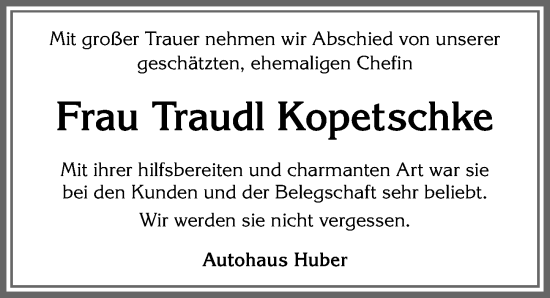 Traueranzeige von Traudl Kopetschke von Allgäuer Zeitung, Marktoberdorf
