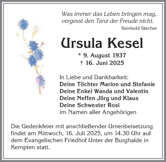 Traueranzeige von Ursula Kesel von Allgäuer Zeitung,Kempten
