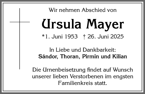 Traueranzeige von Ursula Mayer von Memminger Zeitung