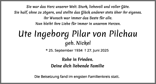 Traueranzeige von Ute Ingeborg Pilar von Pilchau von Allgäuer Zeitung, Füssen