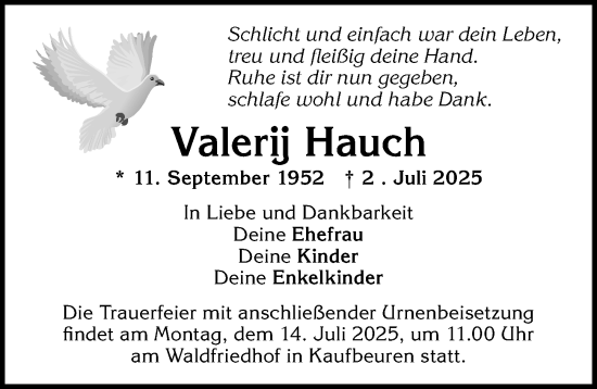 Traueranzeige von Valerij Hauch von Allgäuer Zeitung, Kaufbeuren/Buchloe
