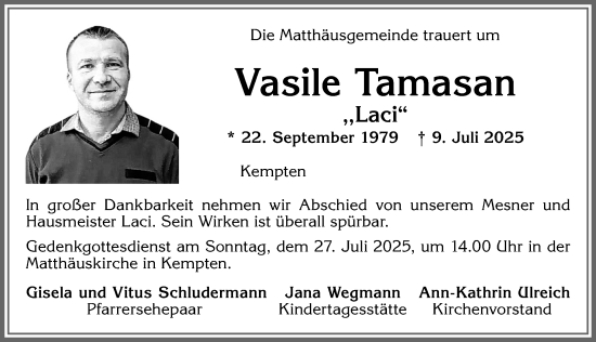 Traueranzeige von Vasile Tamasan von Allgäuer Zeitung,Kempten