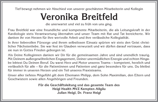 Traueranzeige von Veronika Breitfeld von Allgäuer Zeitung,Kempten