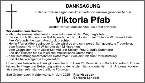 Traueranzeige von Viktoria Pfab von Memminger Zeitung