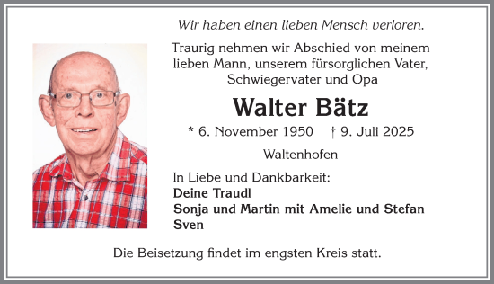 Traueranzeige von Walter Bätz von Allgäuer Zeitung,Kempten