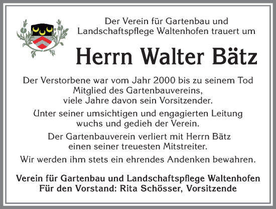 Traueranzeige von Walter Bätz von Allgäuer Zeitung,Kempten