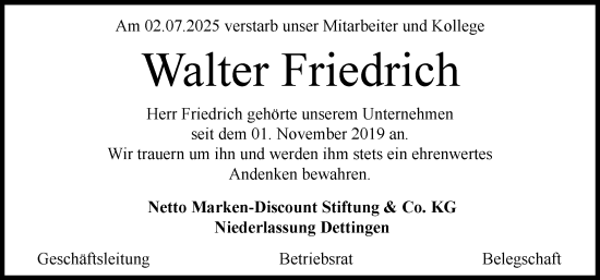 Traueranzeige von Walter Friedrich von Allgäuer Zeitung, Kaufbeuren/Buchloe