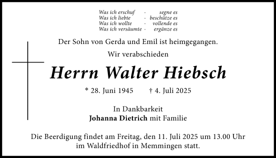Traueranzeige von Walter Hiebsch von Memminger Zeitung