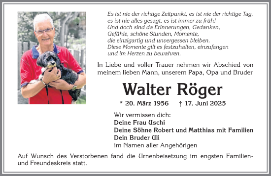 Traueranzeige von Walter Röger von Allgäuer Zeitung, Kaufbeuren/Buchloe