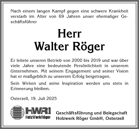 Traueranzeige von Walter Röger von Allgäuer Zeitung, Kaufbeuren/Buchloe