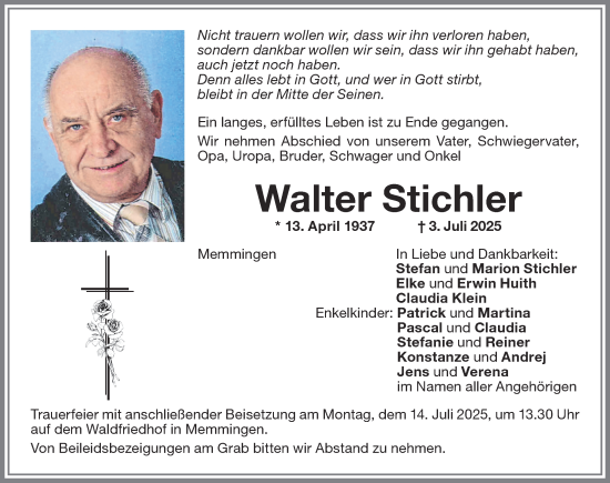 Traueranzeige von Walter Stichler von Memminger Zeitung