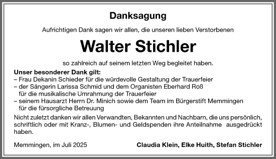 Traueranzeige von Walter Stichler von Memminger Zeitung
