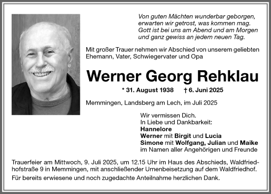 Traueranzeige von Werner Georg Rehklau von Memminger Zeitung