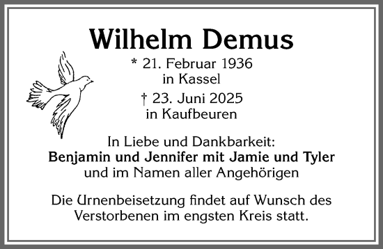 Traueranzeige von Wilhelm Demus von Allgäuer Zeitung, Kaufbeuren/Buchloe
