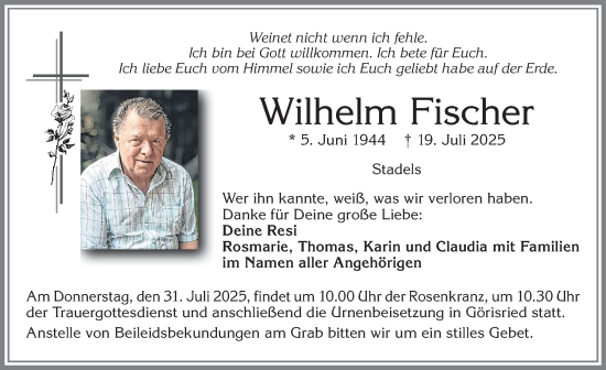 Traueranzeige von Wilhelm Fischer von Allgäuer Zeitung, Marktoberdorf