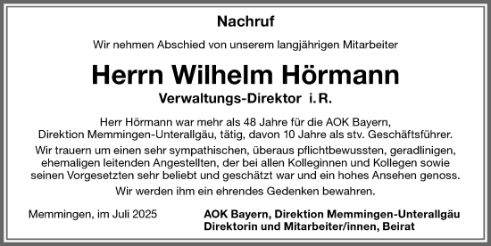 Traueranzeige von Wilhelm Hörmann von Memminger Zeitung